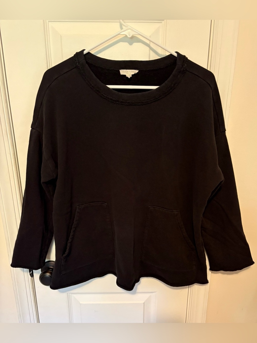 Eileen Fisher Black Boxy Crewneck Sweatshirt with Front Pockets - PS